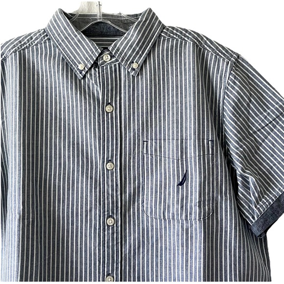 Nautica Other - Nautica Mens Striped Shirt‎ Size M Blue-Gray Solid Trim Pocket Embroidered Logo